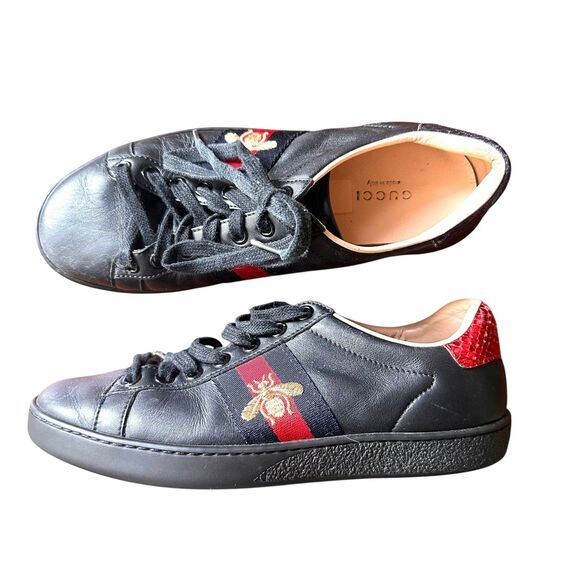 GUCCI Ace Bee Leather Sneakers Black Sz 35 (US 5) - Picture 1 of 7